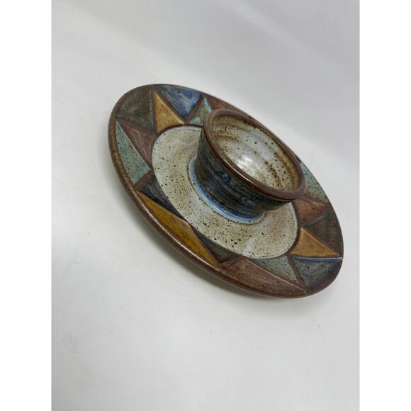 Chip & Dip Serving Dish Studio Art Pottery Handmade Bohemian Earthy Design 8.5" - Picture 3 of 10